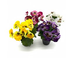 Kunstplant Viooltjes in Zwarte Pot – 21 cm – 4 Assorti Kleuren - Geel, Paars, Roze & Wit