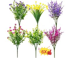 Kunstplanten - 6 bundels van 6 kleuren kunstbloemen voor buiten en binnen - decoratieve kunstbloemen in vaas - kunstmatige plastic UV-bestendige bloemen voor graven en tuinen