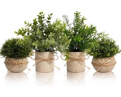 Kunstplanten Eucalyptus Set van 4 - Mini Kunstplantjes in Linnen Pot - Onderhoudsvrij - Voor Slaapkamer Badkamer en Keuken - Groen