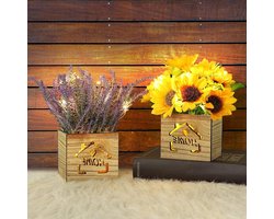 Kunstplanten in pot x2 met LED licht - Zonnebloem en lavendel plant in houten kist - Nep planten voor decoratie in slaapkamer, woonkamer, badkamer