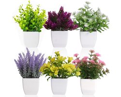 Kunstplanten Set van 6 - Kunstplantjes in Witte Pot - Mini Nepgipskruid en Kunstbloemen - Decoratieve Tafelplanten Binnen - Multicolor