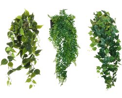 Kunstplantenpakket Lekker Laten Hangen Large - Kunst hangplantenpakket | Kunstplanten voor Binnen | Varen kunst hangplant 65cm, Hedera kunst hangplant 110cm, Philodendron kunst hangplant 90cm