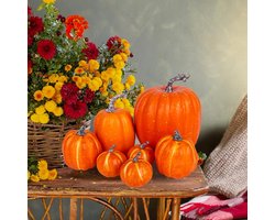 Kunstpompoen 7 stuks nep pompoen herfst decoraties herfst feest Thanksgiving Halloween decoratie verschillende grootte schuim pompoen voor oogst festival thuis tafel open haard tuin decor (oranje)