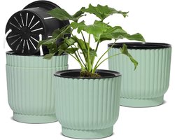 Kunststof bloempot met irrigatiesysteem - Zelfbewateringspot - Groen - Binnen en buiten - Orchideeënpot - Kruidenpot - Hydrocultuur - Set van 4