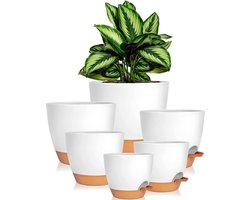 Kunststof bloempot met onderzetter, 20,3/17,7/16,5/15,2/14/12,5 cm, set van 6 zelfbewatering, sierpot, kruidenpot, keukenset, ronde plantenbak voor balkon, vetplanten, cactus, verse keukenkruiden, wit