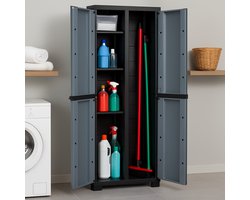 kunststof kast, bezemkast, multifunctionele kast, opbergkasten met deuren, Zwart-Grijs, 65 x 37 x 165 cm, inclusief 4 verstelbare planken, geschikt voor binnen en buiten, plank bevat 15 kg