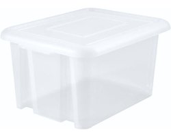 Kunststof opbergbox/opbergdoos wit transparant L58 x B44 x H31 cm stapelbaar - Voorraad/opberg boxen/bakken met deksel