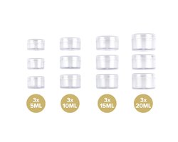Kunststof Potjes Set 12x - 3x 5ml – 3x 10ml – 3x 15ml – 3x 20ml – Hervulbaar – Multifunctioneel – Reisverpakking – Hobbymateriaal – Sample Potjes met Schroefdeksel