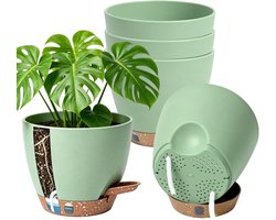Kunststof Zelfbewaterende Bloempot - Met waterreservoir, drainage, zichtbare waterstand en katoenen lont - Voor kamerplanten - Groen, 15 cm - Set van 5 stuks