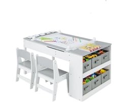 Kunsttafel en Stoelenset voor Kinderen - Houten Knutseltafel met 2 Stoelen, Opbergplanken, Canvas Bakken en Papierrol - Speeltafel voor de Kamer - Grijs