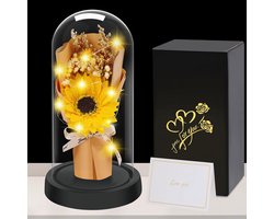 Kunstzonnebloem in Glazen Stolp met LED Verlichting - Eeuwige Zonnebloem Decoratie voor Binnenhuis - Cadeau voor Vrouwen, Moederdag, Jubileum en Verjaardagen - Gele Zonnebloem Decor