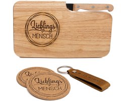 Kupi favoriet cadeau voor vrienden | Gegraveerd houten bord | Verjaardagscadeau voor vrouwen en mannen | Houten snijplank | Ontbijtplank + leren sleutelhanger + glazen onderzetter