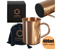 Kupra Premium Koperen Mok - 400ml - 100% Puur Koper - Met Fluwelen Draagzak - Met Filten Onderkant - Met Draaghendel - Handgemaakt - Koperen Fles - Koperen Beker - Koperen Drinkbeker - Ayurveda