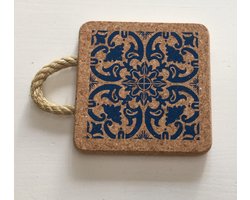 Kurk pan onderzetter set met blauwe opdruk 15x15/20x20