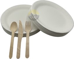 KURTT - bestek set hout 100x mes 100x lepel 100x vork + kartonnen borden 100 x - wegwerpborden - serviessets - besteksets - bordenset - ideaal voor feestjes - barbecue - camping