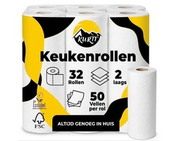 KURTT Keukenrollen 32 Rollen Voordeelverpakking - 2-laags Keukenpapier - 50 Vellen per Rol - Extra Dik - FSC