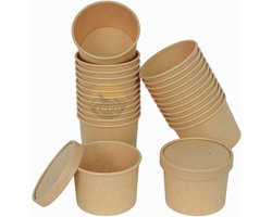KURTT - Soepbeker met deksel - Soepbekers - van Kraftpapier - 100% composteerbaar - Eco Friendly Paper - BIO - Restaurant - Take-Outs - take away - Disposable - Soup Bowls - To Go - Lunch - Picknick - Diner - 12 oz - 350 ml - 100 stuks