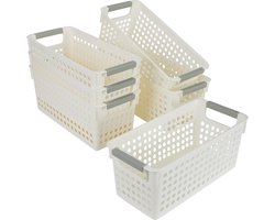 Kurtzy 6 Witte Opberg Mandjes - Met Handvatten - 29 x 13,5 x 12,3 cm - Plastic Organizer Bakjes - Voor In De Keuken, Kast, Badkamer, Lades en Slaapkamer