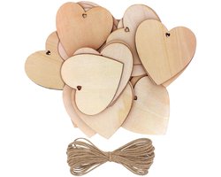 Kurtzy pak van 25 Houten Harten met 10m Natuurlijk Draad - 10x10cm Onbewerkt Houten Hart Vormen set met Gaten – Decoraties voor Trouwerijen, Feestjes, Jubileums, Gepersonaliseerde Kado's, Kunst en Hobby