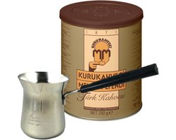 Kurukahveci Mehmet Efendi 250g Turkish Coffee and Stainless Steel Coffee Pot (CEZVE) Coffee Set