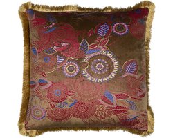 Kussen | fluweel | gouden franjes | bloemig taupe | 45x45cm