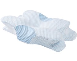 Kussen - hoofdkussen - nekkussen - Vlinderkussen - traagschuimkussen - Memory Foam - ergonomisch orthopedisch kussen voor nekpijn - voor zij-, rug- en buikslapers, anti-snurkkussen voor mannen en vrouwen - 64 x 38 x 10 cm - blauw en wit