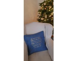 Kussen met tekst bedrukt cadeau | Regels voor Bij Oom en Tante thuis | blauw met goud met vulling | 50x50 cm | verjaardag zus broer