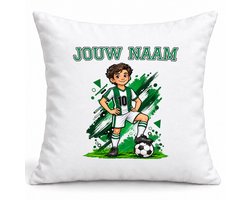 Kussen Voetbal - Gepersonaliseerd met Naam en Nummer - Groen-wit - Jongen - 40x40 cm - Inclusief Vulling