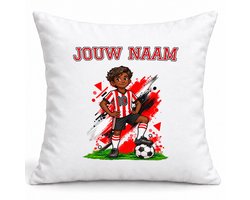 Kussen Voetbal - Gepersonaliseerd met Naam en Nummer - Rood-wit - Jongen - 40x40 cm - Inclusief Vulling
