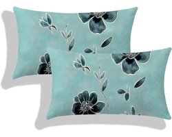 Kussen voor buiten - Bankkussens langwerpig - Woondecoratie - Waterdicht linnen materiaal - 30 x 50 cm - Turquoise steen bloemen