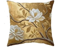 Kussenhoes 1 stuk - 45x45 cm - dubbelzijdig bedrukt - bloem wit goud