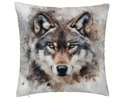 Kussenhoes 1 stuk - 45x45 cm - dubbelzijdig bedrukt - Wolvenkop
