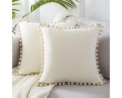Kussenhoes 45x45 cm, Boheemse stijl. Kussenhoes 18x18 inch (45x45 cm), crèmekleurige fluwelen hoes met pompons en verende vulling, met verborgen ritssluiting. Geschikt voor bank, stoel, woonkamer. Set van 2.