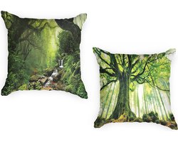 Kussenhoes 45x45 cm Set van 2 Buitenkussens Waterbestendig - Wasbaar - Natuur Waterval Bos Planten - Zonder Kussenvulling - Sierkussens - Ulticool - Kussenhoesjes – Buiten Tuinkussens Decoratie Loungeset Tuinset Palletbank Palletkussenset - Groen