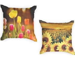 Kussenhoes 45x45 cm Set van 2 Buitenkussens Waterbestendig - Wasbaar - Tulpen Bloemen Natuur Zonnebloem - Zonder Kussenvulling - Ulticool - Sierkussens - Decoratie Kussenhoesjes Landelijk Loungeset Palletkussenset Tulpenbollen - Roze Geel