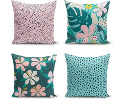 Kussenhoes 45x45 cm | Set Van 4 | Bladpatroon op Kleurrijke Achtergrond | Kussensloop | Kussensloop Gooien | 45x45 cm | Decoratieve Kussenhoesjes | Decoratief Gooi Kussen | Met rits | Zonder Binnenkussen Kussenhoes | Voor Sierkussen