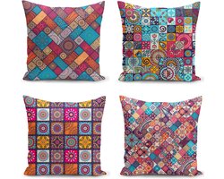 Kussenhoes 45x45 cm - Set Van 4 - Decoratieve Kussenhoes - Met Kelimmotief - Kussensloop - Kussensloop Gooien - Kussenhoesjes - Decoratief Gooi Kussen - Met rits - Zonder Binnenkussen Kussenhoes - Voor Sierkussen