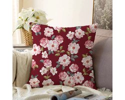 Kussenhoes 70x70cm - Bloemen op bordeaux - Vloerkussenhoes Kussenhoesje - Sierkussenhoes - Kussensloop