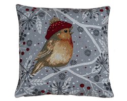 Kussenhoes - Gobelinstof - Kerst - Grijs met roodborstje op tak- 40 x 40 cm