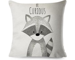 Kussenhoes kinderkamer Wasbeer Be Curious - dubbelzijdige print - schattig kussen babykamer - met rits - exclusief vulling