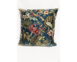 Kussenhoes - luxe gobelinstof - Amy Dark Blue - Gekleurde bloemen en kolibries op donkerblauwe achtergrond