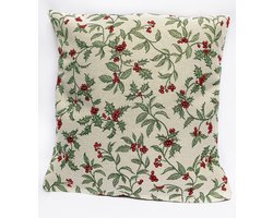 Kussenhoes - luxe gobelinstof - Christmas Berries - Hulst - All over - Kerst - 45 cm - goud glitterdraad
