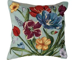 Kussenhoes - Luxe Gobelinstof - Lente - Bloemen - blauwgroen - 40 x 40 cm