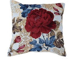 Kussenhoes - Luxe Gobelinstof - Lente - Bloemen - Pioenroos - Rood - creme - 40 x 40 cm