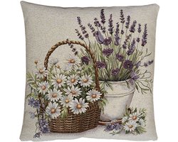 Kussenhoes - Luxe gobelinstof - Witte margrieten - Lavendel - Bloemen – 45 x 45 cm