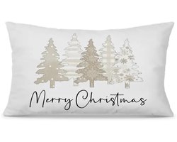 Kussenhoes Merry Christmas – Kerst Kussenhoes – 30.5x51 cm – Beige/Wit – Kerstbomen Design – Kerstdecoratie – Sierkussenhoes Zonder Vulling – Scandinavische Stijl