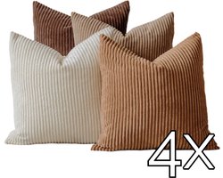 Kussenhoes Set - Autumn Mood - 4 Stuks - Ribstof - 45x45 - Bruin Tinten - Kussenhoezen Set – Sierkussenhoezen – Corduroy Kussenslopen – Decoratieve Kussens Bank / Slaapkamer