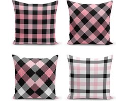 Kussenhoes Voor Sierkussens 45x45 cm Set Van 4 Zonder Binnenkussens | Roze En Zwarte Plaid | Kussenhoezen | Kussensloop | Kussensloop Gooien | Decoratieve Kussenhoesjes | Decoratief Gooi Kussen | Met rits | Zonder Binnenkussen Kussenhoes