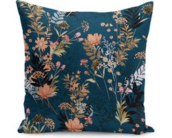 Kussenhoesje - Sierkussen velvet 50x50 - Bloemen op donkerbaluw Kussensloop - Inclusief binnenkussen - Kussenhoes Fluweel