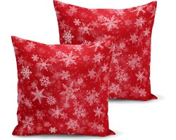 Kussenhoesjes - Kussenhoes set van 2 stuks - 45x45 - Donkerrood-Oranje met sneeuwvlokken - Kerstnacht - Kussenslopen